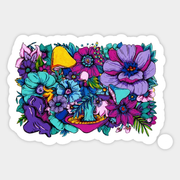 Psychedelic Garden - Flowers and Mushrooms Sticker by rosiemoonart